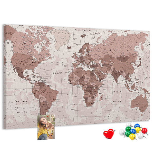Tableau affichage liège Une carte du monde dans des tons de rose.