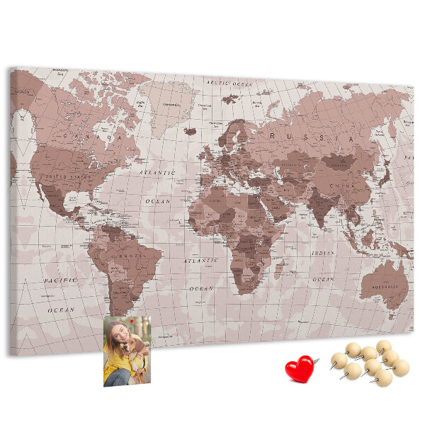Tableau affichage liège Une carte du monde dans des tons de rose.