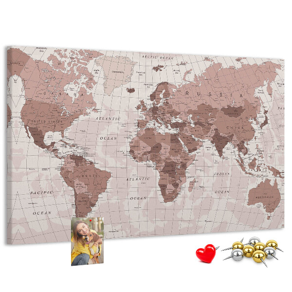 Tableau affichage liège Une carte du monde dans des tons de rose.