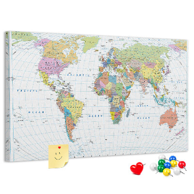 Tableau en liège Carte du monde avec les continents colorés