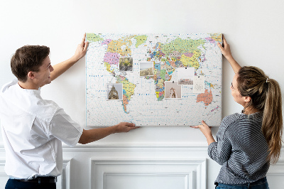 Tableau en liège Carte du monde avec les continents colorés
