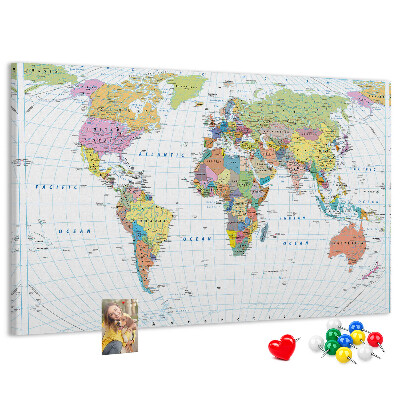Tableau en liège Carte du monde avec les continents colorés