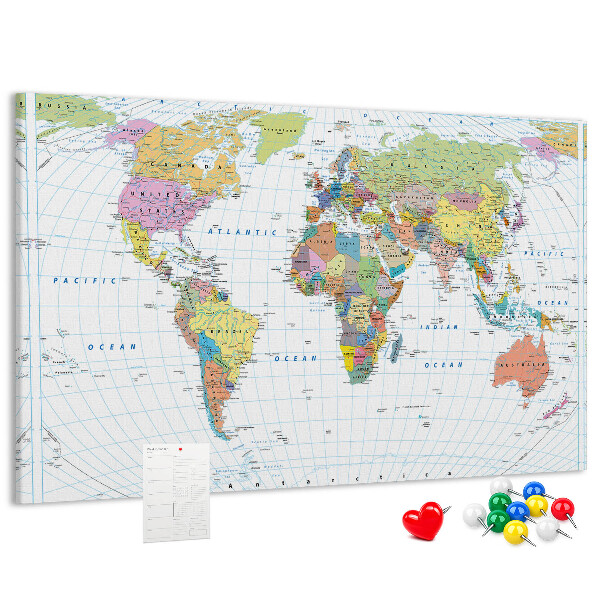 Tableau en liège Carte du monde avec les continents colorés