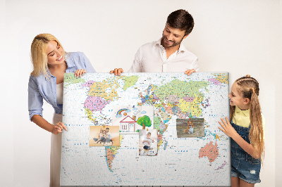 Tableau en liège Carte du monde avec les continents colorés