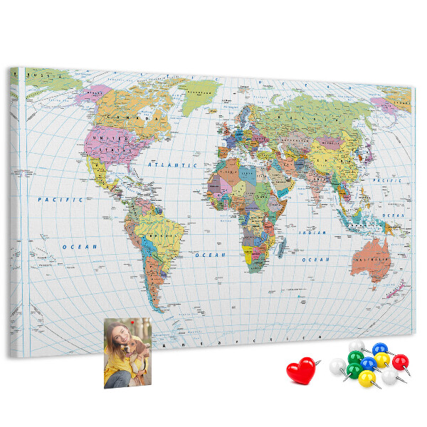 Tableau en liège Carte du monde avec les continents colorés