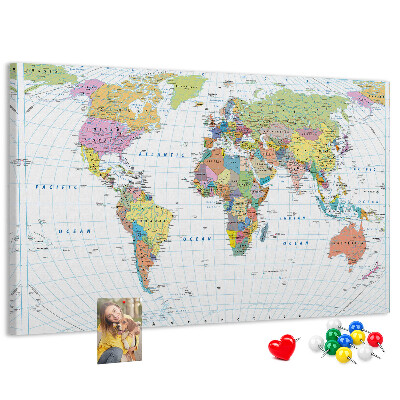 Tableau en liège Carte du monde avec les continents colorés