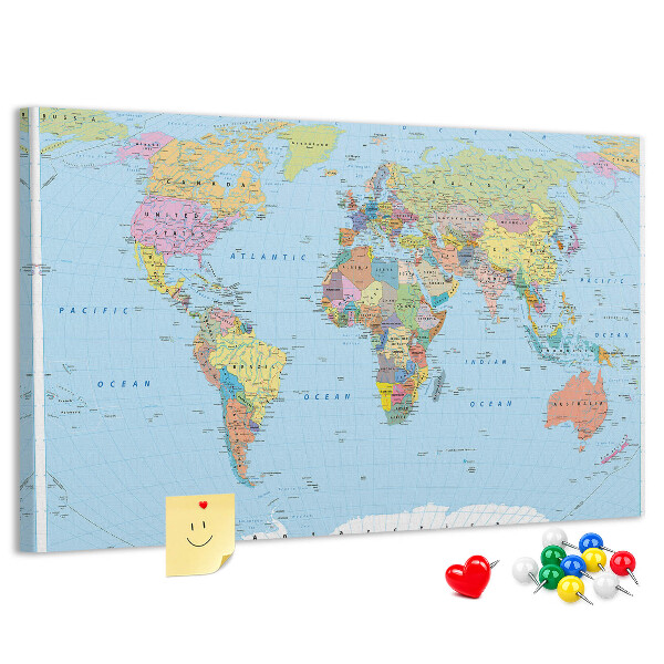 Tableau affichage liège Carte du monde avec les continents colorés.