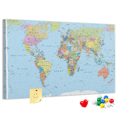 Tableau affichage liège Carte du monde avec les continents colorés.