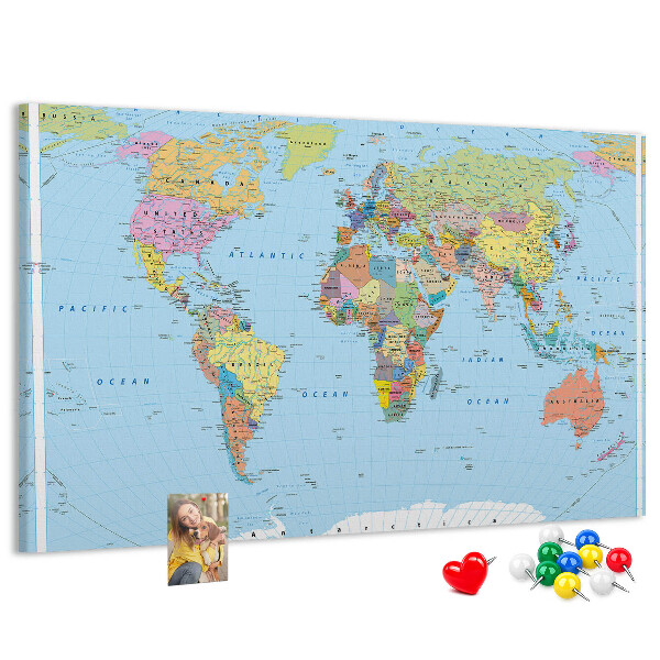 Tableau affichage liège Carte du monde avec les continents colorés.