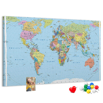 Tableau affichage liège Carte du monde avec les continents colorés.