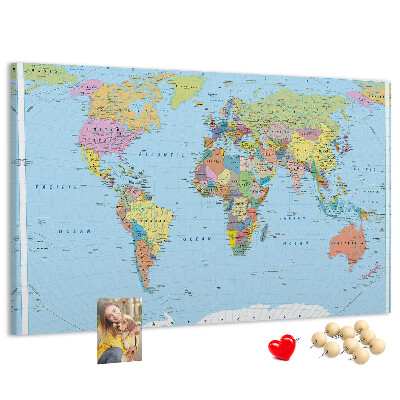 Tableau affichage liège Carte du monde avec les continents colorés.
