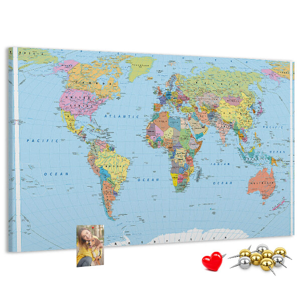 Tableau affichage liège Carte du monde avec les continents colorés.