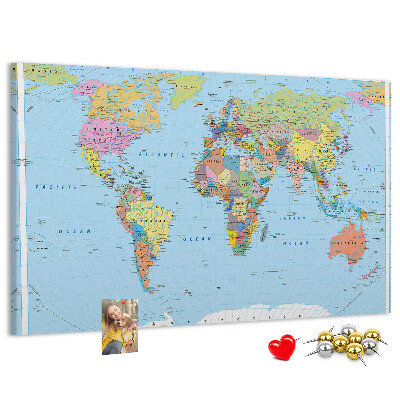 Tableau affichage liège Carte du monde avec les continents colorés.