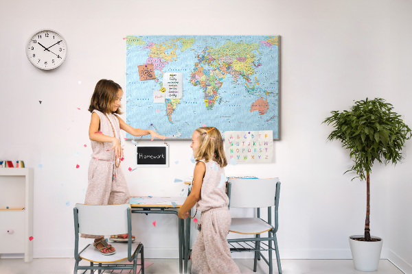 Tableau affichage liège Carte du monde avec les continents colorés.