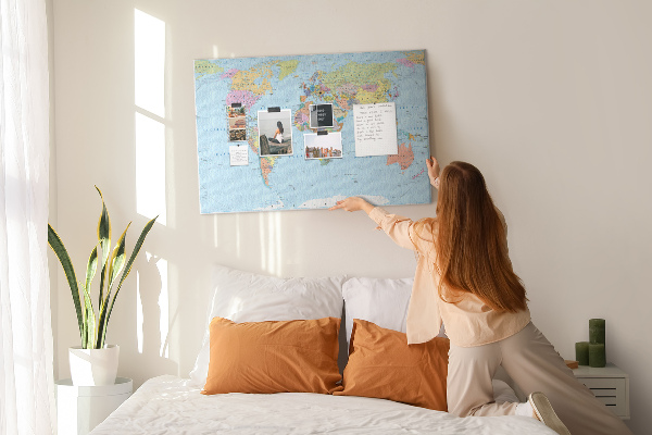 Tableau affichage liège Carte du monde avec les continents colorés.