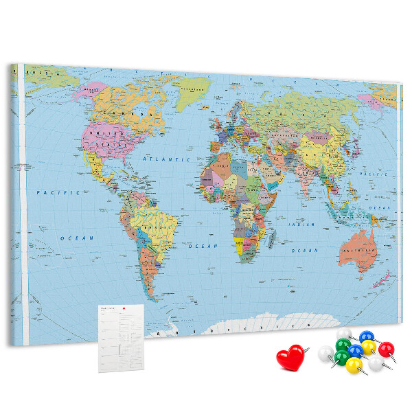 Tableau affichage liège Carte du monde avec les continents colorés.