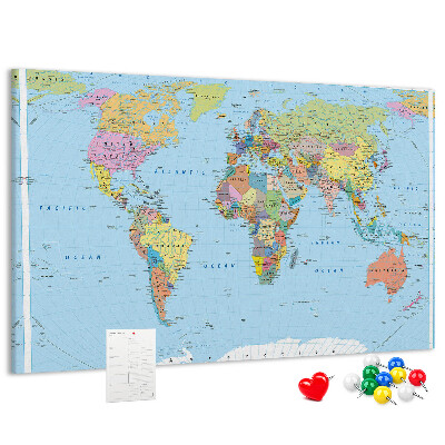 Tableau affichage liège Carte du monde avec les continents colorés.