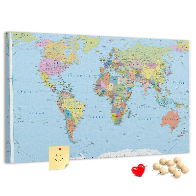 Tableau affichage liège Carte du monde avec les continents colorés.