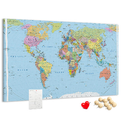 Tableau affichage liège Carte du monde avec les continents colorés.