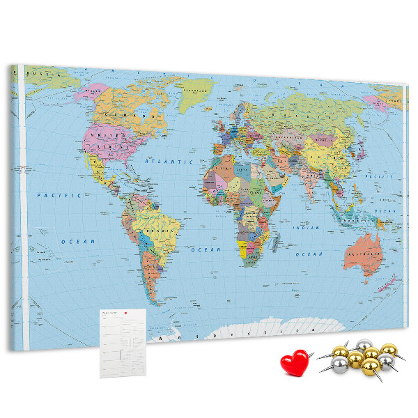 Tableau affichage liège Carte du monde avec les continents colorés.