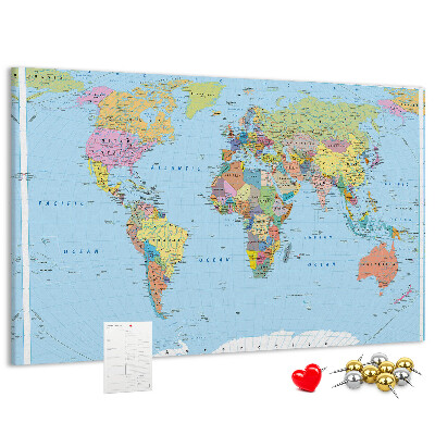 Tableau affichage liège Carte du monde avec les continents colorés.