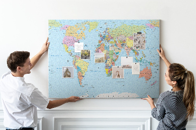 Tableau affichage liège Carte du monde avec les continents colorés.