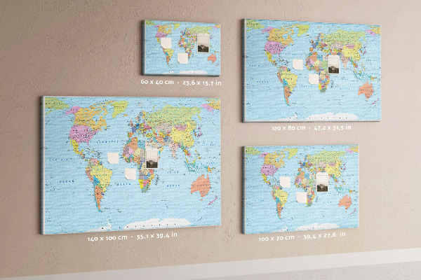Tableau affichage liège Carte du monde avec les continents colorés.