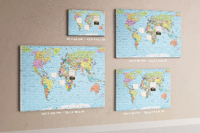 Tableau affichage liège Carte du monde avec les continents colorés.