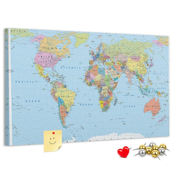 Tableau affichage liège Carte du monde avec les continents colorés.