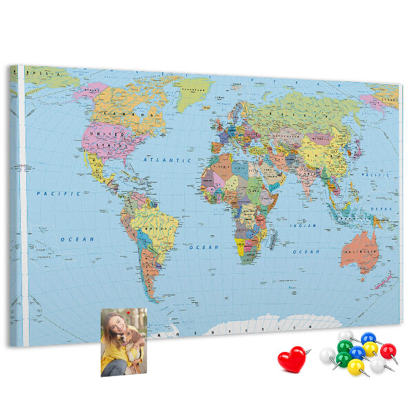 Tableau affichage liège Carte du monde avec les continents colorés.