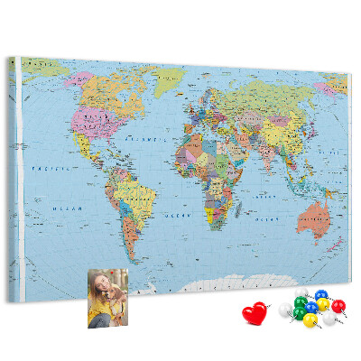 Tableau affichage liège Carte du monde avec les continents colorés.