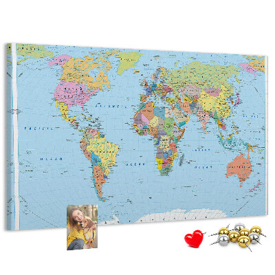 Tableau affichage liège Carte du monde avec les continents colorés.