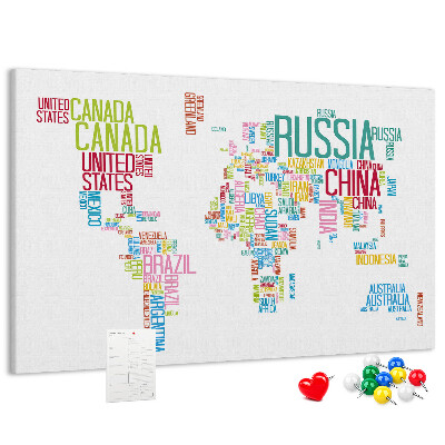 Tableau de liège Carte du monde avec les noms des pays en couleurs
