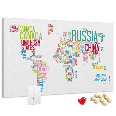 Tableau de liège Carte du monde avec les noms des pays en couleurs