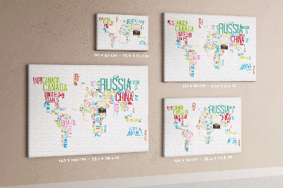 Tableau de liège Carte du monde avec les noms des pays en couleurs