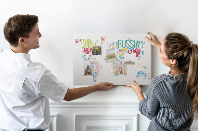 Tableau de liège Carte du monde avec les noms des pays en couleurs