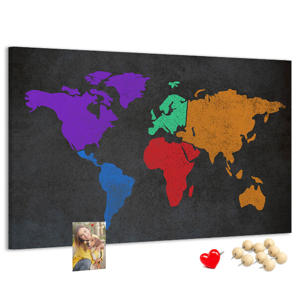 Tableau en liège Carte du monde colorée sur fond sombre