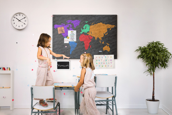 Tableau en liège Carte du monde colorée sur fond sombre
