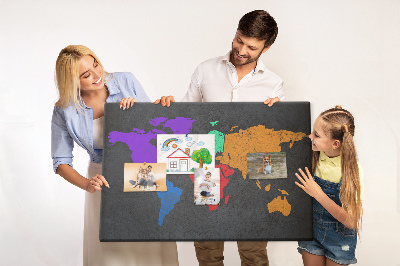 Tableau en liège Carte du monde colorée sur fond sombre