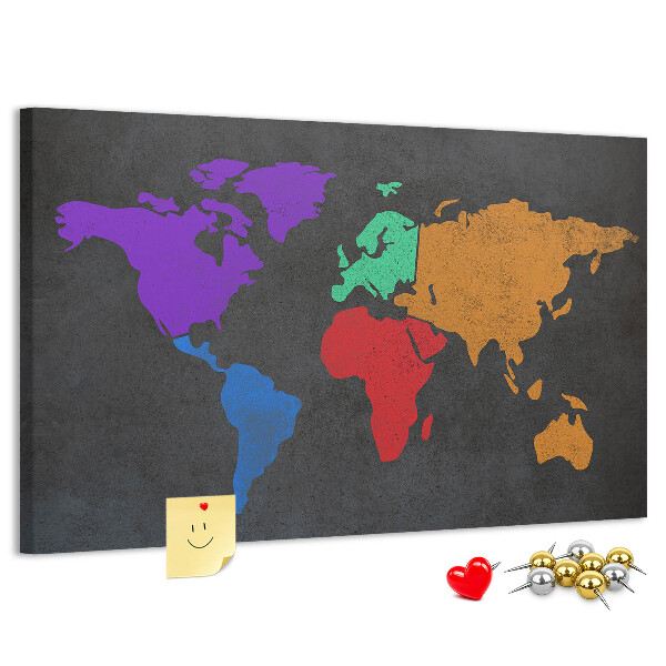 Tableau en liège Carte du monde colorée sur fond sombre