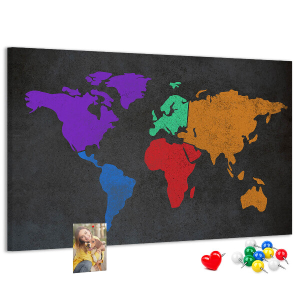 Tableau en liège Carte du monde colorée sur fond sombre