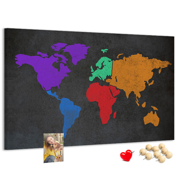 Tableau en liège Carte du monde colorée sur fond sombre