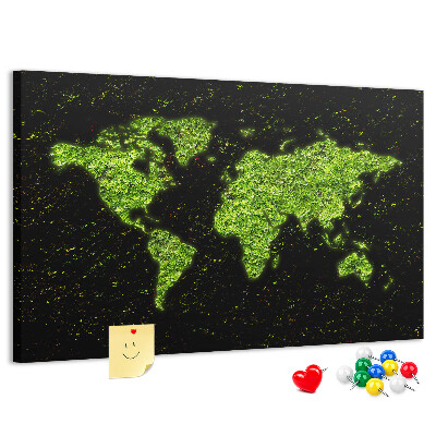 Tableau de liège Carte du monde verte sur fond noir