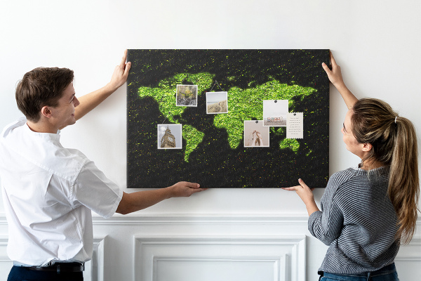 Tableau de liège Carte du monde verte sur fond noir