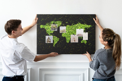 Tableau de liège Carte du monde verte sur fond noir