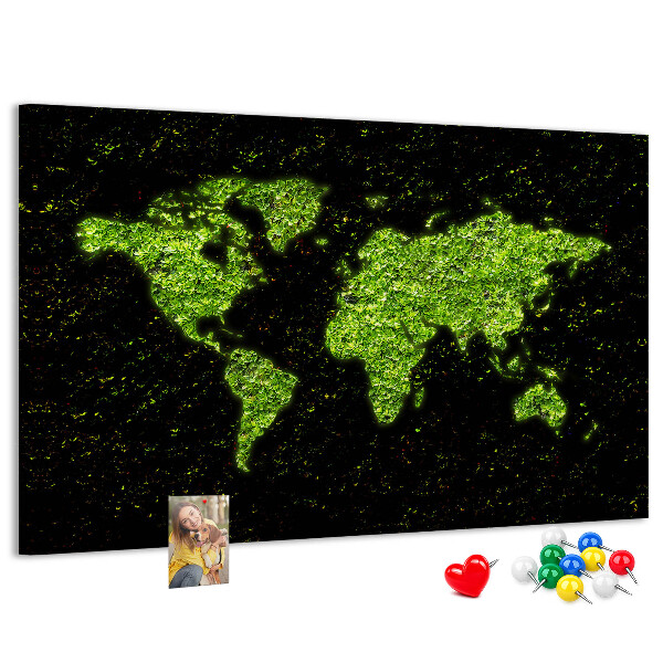 Tableau de liège Carte du monde verte sur fond noir