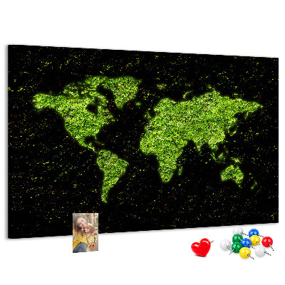 Tableau de liège Carte du monde verte sur fond noir