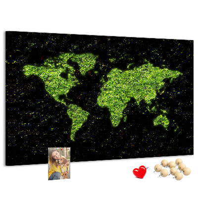 Tableau de liège Carte du monde verte sur fond noir