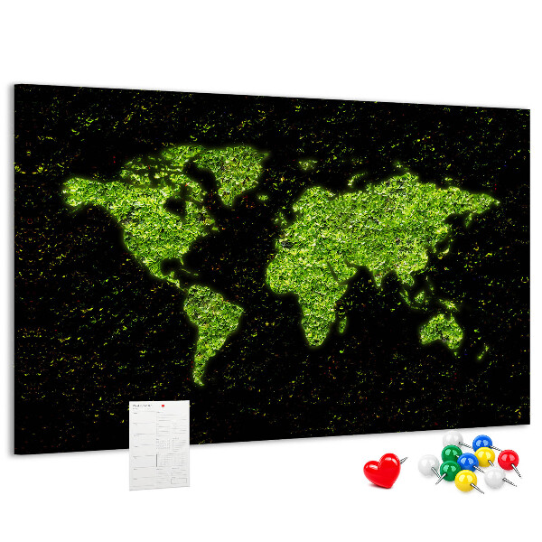 Tableau de liège Carte du monde verte sur fond noir