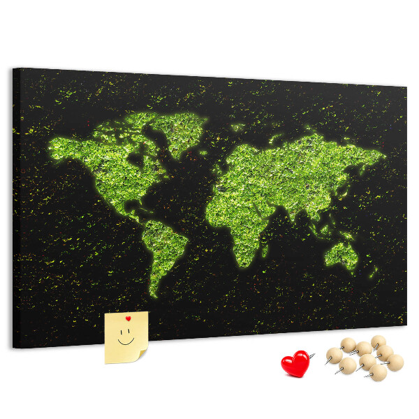 Tableau de liège Carte du monde verte sur fond noir